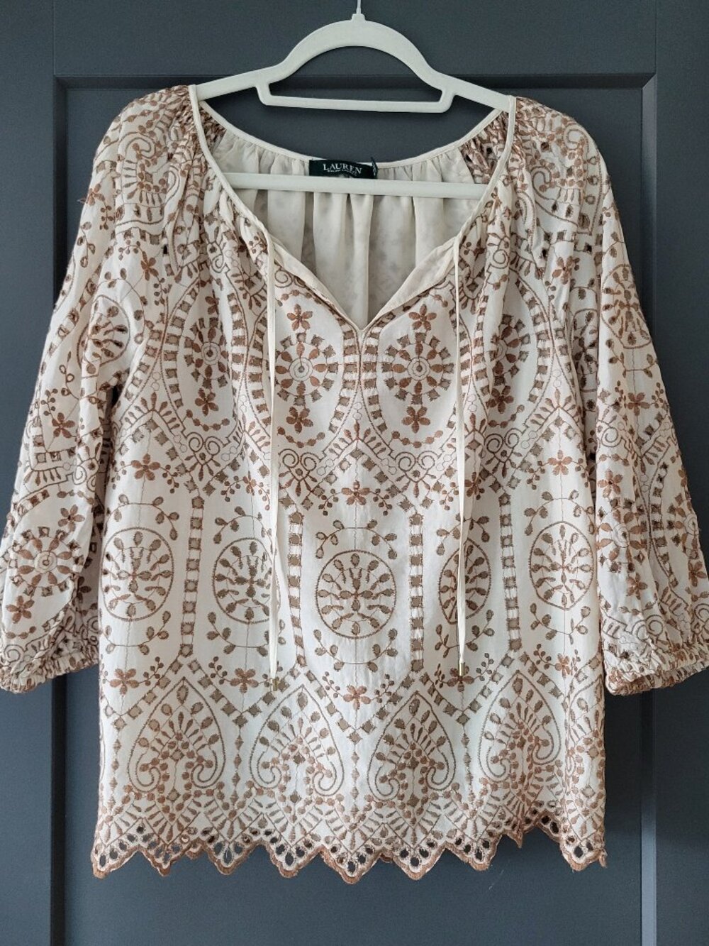 Lauren Ralph Lauren  Cream Peasant Blouse features intricate tan embroidery